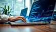 © MDMAHBUBUR - Person typing on laptop with glowing digital data visualization overlay hands keyboard
