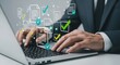 © PFU - Closeup of hands typing on a laptop with digital documents and checkmarks, representing data management