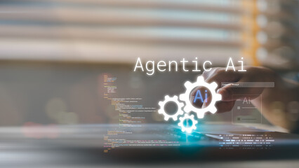 Agentic AI technology concept with coding and digital gears. Artificial intelligence automation, machine learning, and futuristic innovation for business solutions.