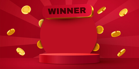 Wall Mural - podium scene with coin explosion. winner concept. vector illustration