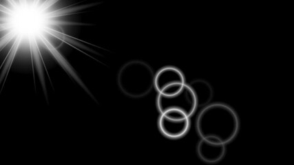 Wall Mural - Looped Isolated glowing sunlight effect. Looping Lens flares on black background. Beautiful realistic sun reflection with many flares. Vector Stock animation. Top Left white sun animation.