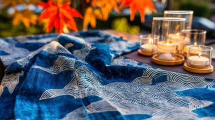 Blue japanese wave pattern fabric with autumn leaves and candle lanterns