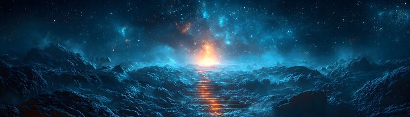 Wall Mural - A grand celestial staircase leading up to a glowing star filled portal in the night sky