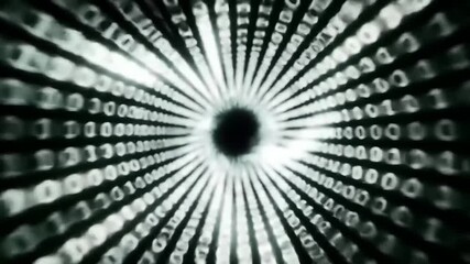 Abstract representation of binary code spiraling into a vortex, symbolizing digital data flow and technology
