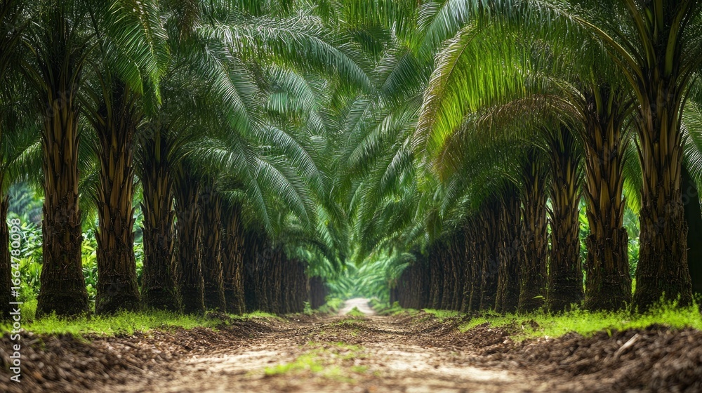 Row of palm oil trees in a plantation, captured from low angle, showing ...