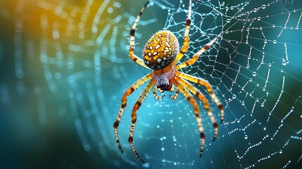A spider s web glistening with rain droplets