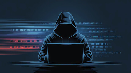 Anonymous hooded figure illuminated by glowing digital code on a laptop screen in a dark room