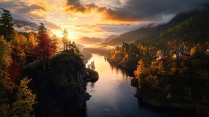 Wall Mural - Photographic works, autumn, canyon, sunset, golden light all over the sky, red maple, river shuttle, cabins scattered on both sides of the river
