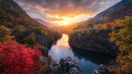 Wall Mural - Photographic works, autumn, canyon, sunset, golden light all over the sky, red maple, river shuttle, cabins scattered on both sides of the river
