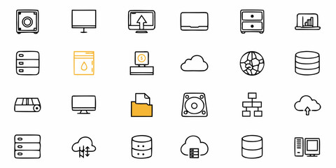 Illustration of various technology and data storage icons in a minimalist style design layout