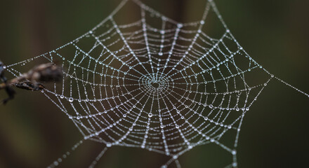 Intricate dewdrop-covered spiderweb glistens with morning light, a natural masterpiece