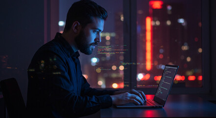 Focused coder intensely typing on laptop screen illuminated by city lights at night