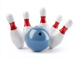 3D bowling ball and pins clip art, white background,
