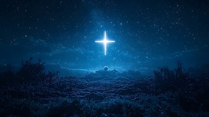 Wall Mural - celestial cross shaped star formation with orbiting planet