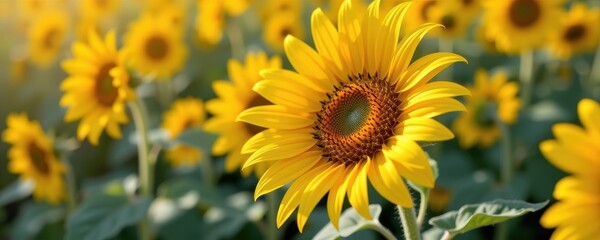 Wall Mural - Close-up of a vibrant sunflower in a sun-drenched field, showcasing its intricate yellow petals and dark center.  The background is softly blurred, emphasizing the flower's detail.