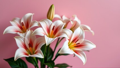 Wall Mural - Delicate arum lily blossoms against a soft pink backdrop, creating a romantic and elegant floral arrangement, summer, blossoms, romantic