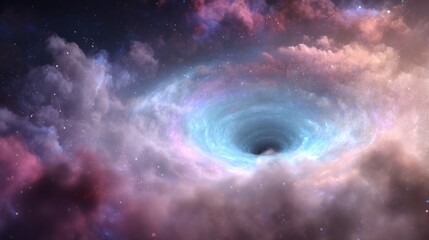 Wall Mural - Cosmic vortex surrounded by colorful nebula clouds, swirling gases and stardust, creating a mesmerizing celestial phenomenon in the vastness of space