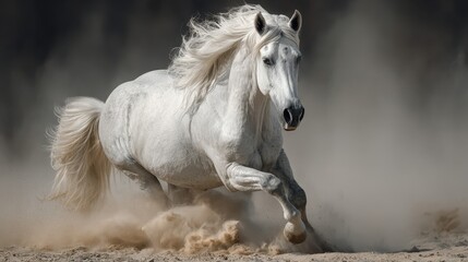 Naklejka na meble Galloping white horse moving through sandy terrain during golden hour