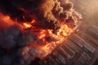 aerial view of a large warehouse factory on fire, massive flames and smoke clouds, industrial zone disaster, surrounding buildings visible, no people.