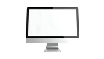 A sleek silver desktop computer with a blank white screen sits on a table against a plain black background, ideal for showcasing software or website designs.