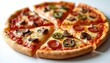 © miss irine - Delicious pizza slices, Italian cuisine. Pizza with tomatoes, mushrooms, pepperoni, cheese topping. Fresh baked fast food meal. White background, isolated.