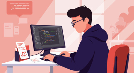 Man in Hoodie Coding on Computer with Glasses, Focused on Screen