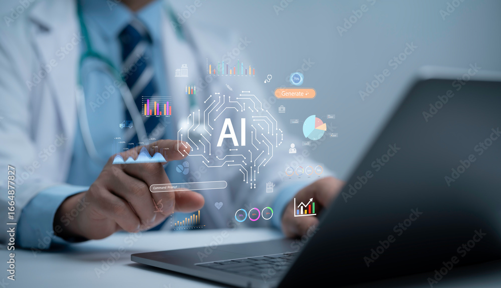 Doctor using laptop with AI interface, medical data visualization and ...