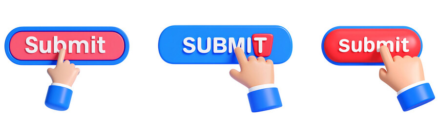 3D illustration of hand pressing colorful submit button, isolated on transparent background, with playful and modern design, suitable for web interface or app user interface concepts