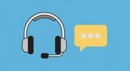 Illustration of a headset with a microphone and speech bubble, representing customer service, online support, and communication technology