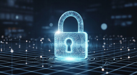 Cyber security concept with padlock icon for internet protection and digital data privacy, modern technology system and business background