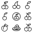 © vectorvovdesign - Black outline icons of cherries peach and sliced apricot on a plate.