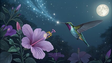 A hummingbird touching a star with flowers and a moon in a dark blue night sky illustration