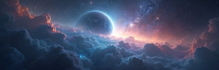Wall Mural - cosmic scene with planet clouds and vibrant nebula. celestial scene of space universe with stellar p