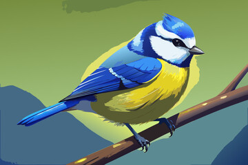a vibrant blue tit bird with yellow and white markings perched on a tree branch, set against a soft 