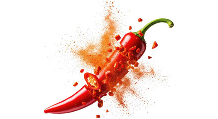 Red chili pepper exploding with powder and pieces on background spice