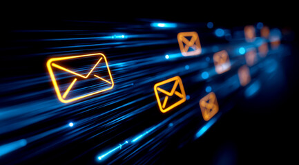 Dynamic Blurred Light Streaks Background with Email Symbols