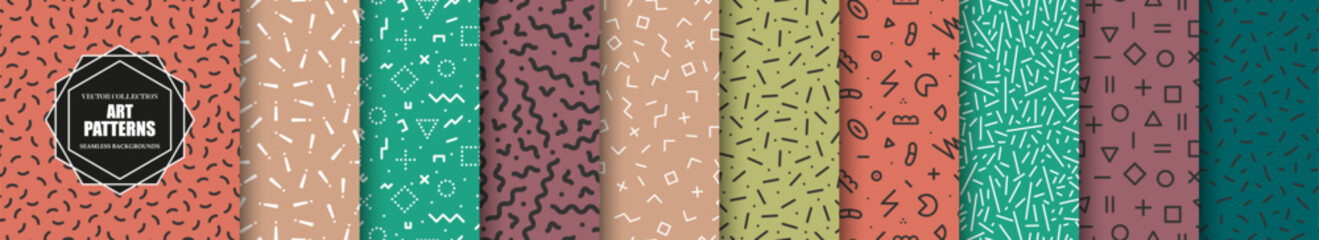 Wall Mural - collection of vector colorful geometric seamless patterns with shapes and symbols. repeatable unusua