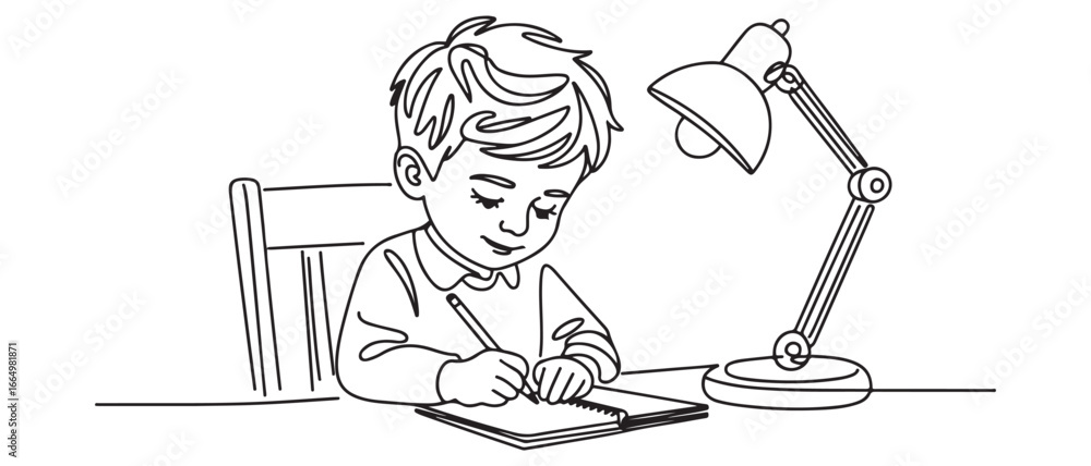 Single one line drawing Cute little boy sitting on chair writing on ...