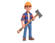 © IndrawanDex - A friendly cartoon construction worker or lumberjack character wearing a hard hat and holding a large axe.