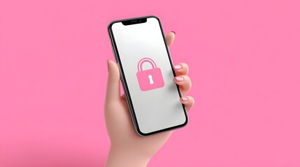 Wall Mural - pink smartphone displaying a lock icon on the screen