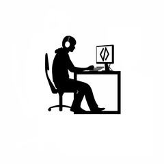  Programmer with headphones, nodding head while coding silhouette on white background