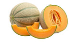 Whole and sliced cantaloupe melon with visible seeds on background fruit