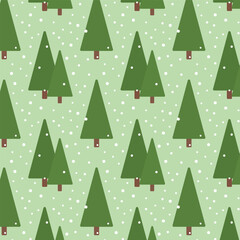 Wall Mural - Christmas trees seamless pattern.Forest repeat pattern with green tree and snowflakes isolated on light green background.Joyful festive season, cute, minimal winter vector background wallpaper.