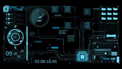 Cyberpunk style digital interface, futuristic HUD, technology background, blue screen, control panel, computer screen, digital clock, circuit board.