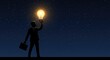 © Photography - Silhouette of a businessman holding a glowing light bulb against a starry night sky, representing an idea.