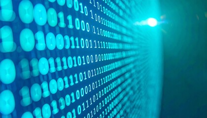 abstract digital background featuring a vibrant blue binary code stream with a glowing light, symbol