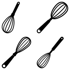 Four black and white illustrations of kitchen whisks with varying handle designs and wire configurations