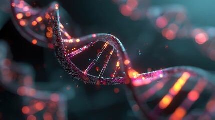 Glowing DNA strand, scientific research, dark background, particle effects, genetic code illustration
