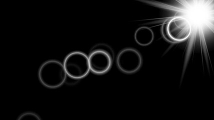 Wall Mural - Looped Lens flares on black background. Beautiful realistic shining sun with many flares. Isolated white sunlight effect. Vector Stock animation