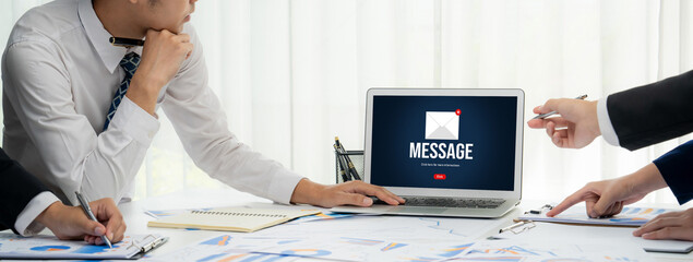 Email notification message showing on computer screen brisk. Digital marketing message information text from business to customer client
